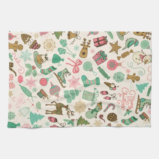 Retro Whimsical Doodles Kerstmis Theedoek (Horizontaal)