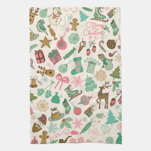 Retro Whimsical Doodles Kerstmis Theedoek (Verticaal)