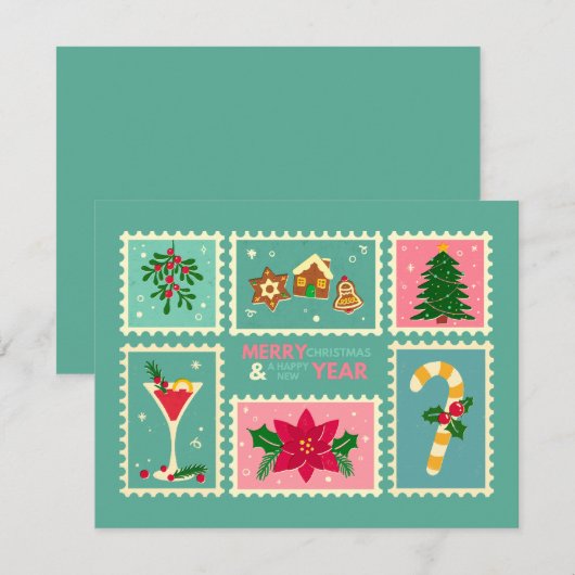 Retro Whimsical Groen en Roze Feestdagenkaart (Voorkant / Achterkant)