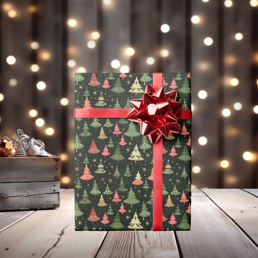 Retro Whimsical + Nostalgische kerstbomen Cadeaupapier