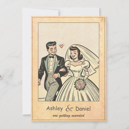 Retro Whimsical Romantische Bruid Bruidegom Strips Kaart (Voorkant)