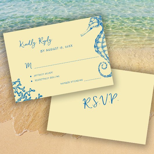 Retro whimsical script beach destination wedding RSVP kaartje