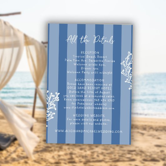 Retro whimsical striped beach wedding details  informatiekaartje