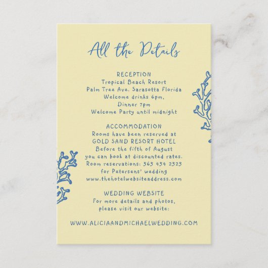 Retro whimsical summer beach wedding details  informatiekaartje (Voorkant)