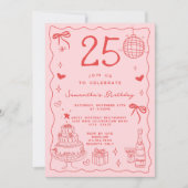 Retro Whimsisch Eigenzinnig Rood Roze 25e Verjaard Kaart (Voorkant)