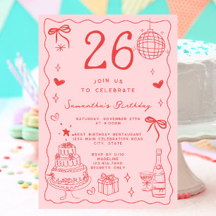 Retro Whimsisch Eigenzinnig Rood Roze 26e Verjaard Kaart