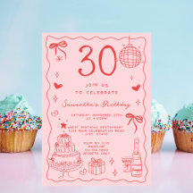 Retro Whimsisch Eigenzinnig Rood Roze 30e Verjaard