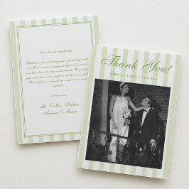 Retro White and Green Striped Wedding Photo Bedankkaart