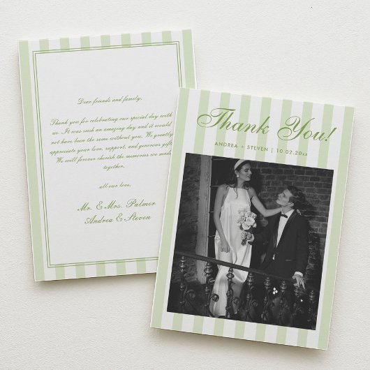 Retro White and Green Striped Wedding Photo Bedankkaart