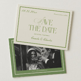 Retro White and Green Wedding Save the date Photo  Kaart