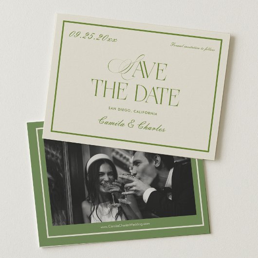 Retro White and Green Wedding Save the date Photo  Kaart