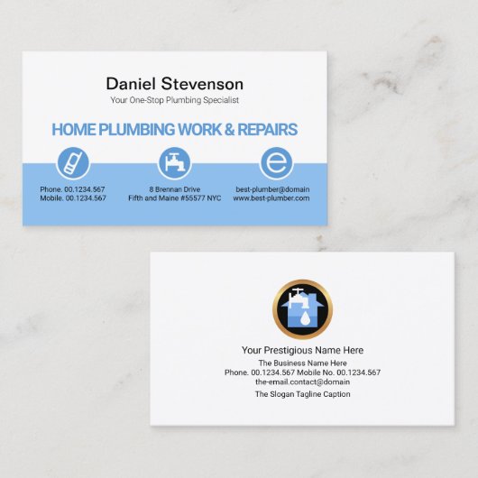 Retro White Blue Layers Plumbing Icon Buttonnen Visitekaartje (Voorkant / Achterkant)