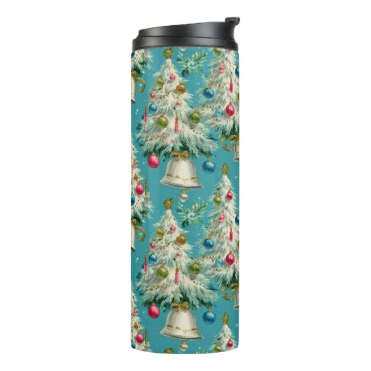 Retro White Christmas Trees Blue Thermosbeker (Gedraaid links)