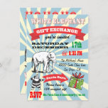 Retro White Elephant-kerstfeestjes Kaart<br><div class="desc">Super Fun-kerstcadeauuitnodigingen van de Exchange-partij met de oude kerstman en de ellephant-clipkunst met geweldige grafische beelden en lettertypen op een sunburst-achtergrond die in een poster stijl wordt gemaakt. Boths zijkant versierd voor je coole en heup White Elephant Kerstfeestdag feest.</div>