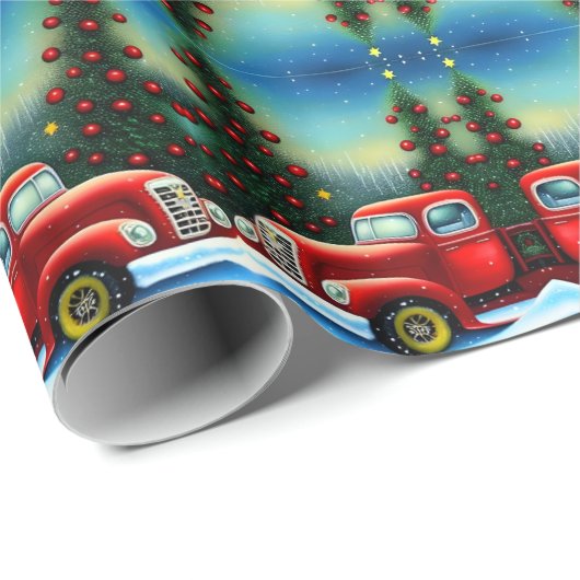 Retro White Kerstmis  Red Truck en Trees Cadeaupapier (Rol Hoek)