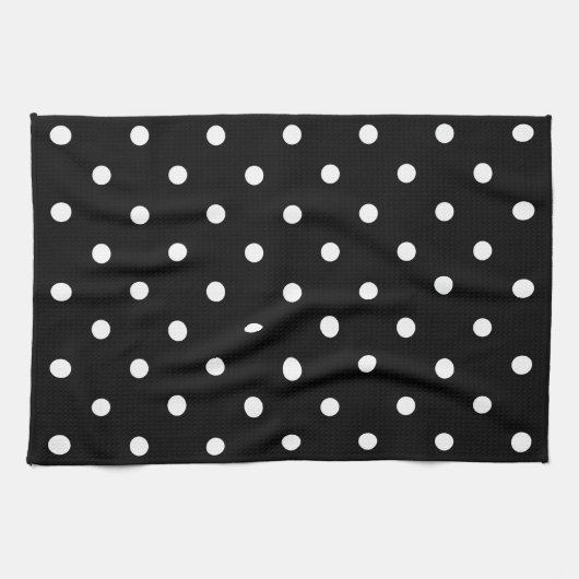 Retro White Polka Dots on Black Theedoek (Horizontaal)