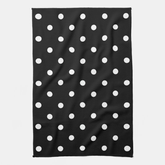 Retro White Polka Dots on Black Theedoek (Verticaal)