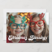 Retro White Script Christmas Blessings One Photo Feestdagenkaart (Voorkant)
