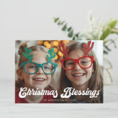 Retro White Script Christmas Blessings One Photo Feestdagenkaart (Staand voorkant)