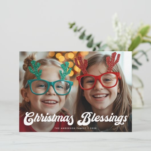 Retro White Script Christmas Blessings One Photo Feestdagenkaart (Staand voorkant)