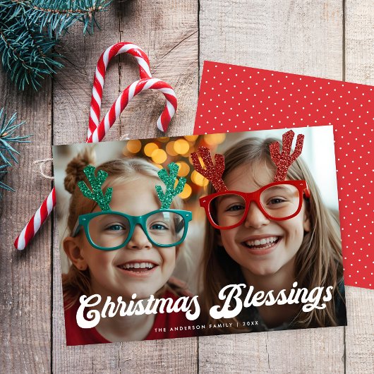 Retro White Script Christmas Blessings One Photo Feestdagenkaart