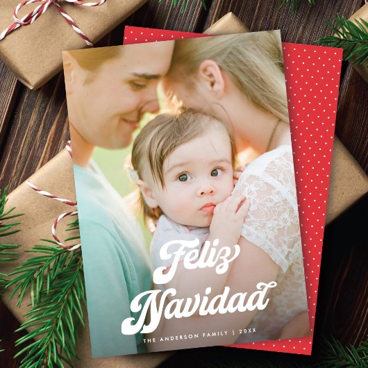 Retro White Script Feliz Navidad One Photo Feestdagenkaart