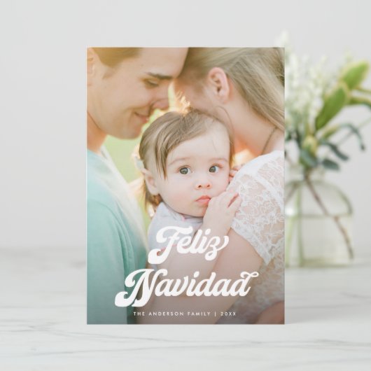 Retro White Script Feliz Navidad One Photo Feestdagenkaart (Staand voorkant)