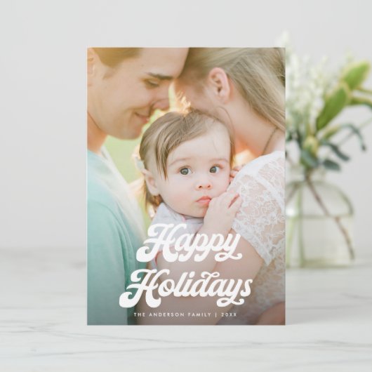 Retro White Script Happy Holidays One Photo Feestdagenkaart (Staand voorkant)