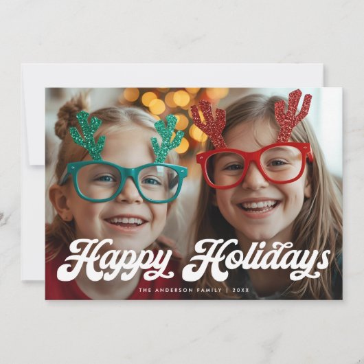 Retro White Script Happy Holidays One Photo Feestdagenkaart (Voorkant)