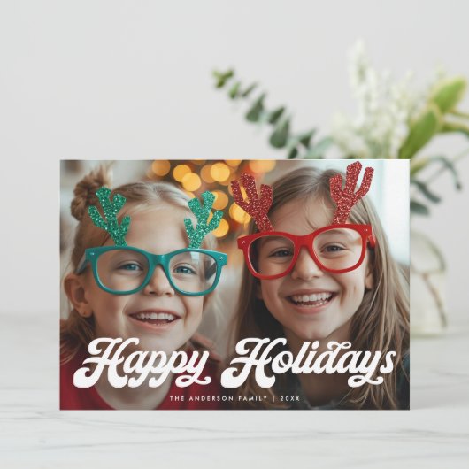 Retro White Script Happy Holidays One Photo Feestdagenkaart (Staand voorkant)