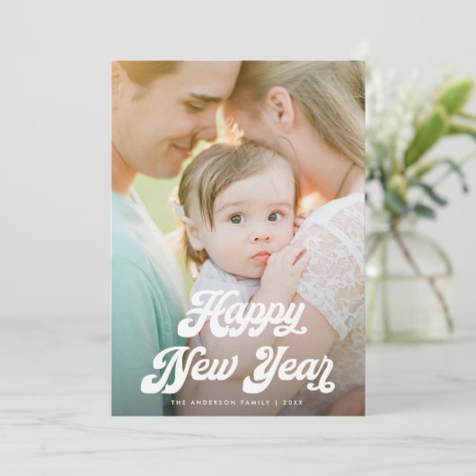 Retro White Script Happy New Year One Photo Feestdagenkaart (Staand voorkant)