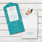 Retro White Snowflake Swirl on Teal Wedding All In One Uitnodiging