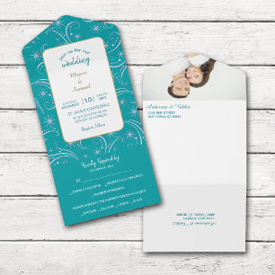 Retro White Snowflake Swirl on Teal Wedding All In One Uitnodiging