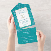 Retro White Snowflake Swirl on Teal Wedding All In One Uitnodiging (Afscheurbaar)