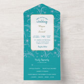 Retro White Snowflake Swirl on Teal Wedding All In One Uitnodiging (Binnen)