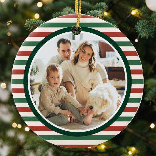 Retro White Stripes Familiefoto Vrolijk Kerstfeest Keramisch Ornament