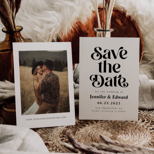 Retro White Wedding Save the Date