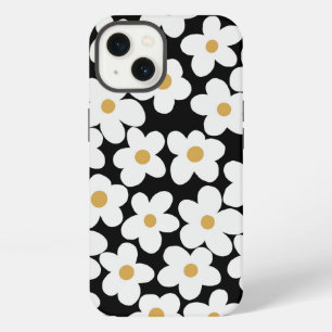 Retro White Yellow Big Daisy Flowers Black Design iPhone 13 Hoesje