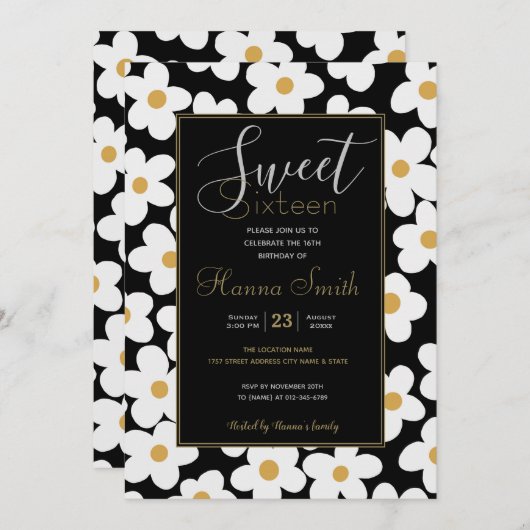 Retro White Yellow Big Daisy Flowers Black Design Kaart (Voorkant / Achterkant)