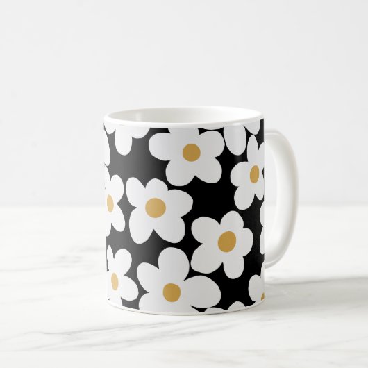 Retro White Yellow Big Daisy Flowers Black Design Koffiemok (Voorkant rechts)