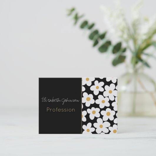 Retro White Yellow Big Daisy Flowers Black Design Visitekaartje (Staand voorkant)