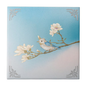Retro WhiteBlue Bird en Bloom Art Tegeltje