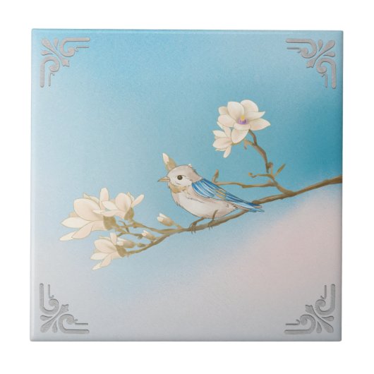 Retro WhiteBlue Bird en Bloom Art Tegeltje (Voorkant)