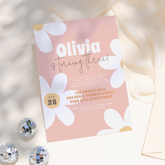 Retro Wild Daisy Boho Groovy Girl Birthday Party Kaart