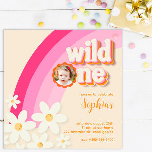 Retro Wild One Daisy Pink Fotouitnodiging   Boho Kaart