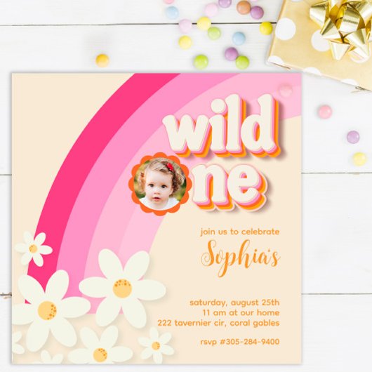 Retro Wild One Daisy Pink Fotouitnodiging | Boho Kaart