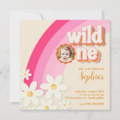 Retro Wild One Daisy Pink Fotouitnodiging | Boho Kaart (Voorkant)