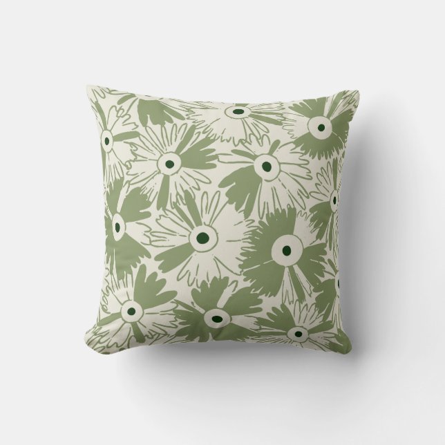 Retro Wilde Bloem & Diamant Grid Omkeerbare Olijfg Kussen (Voorkant)