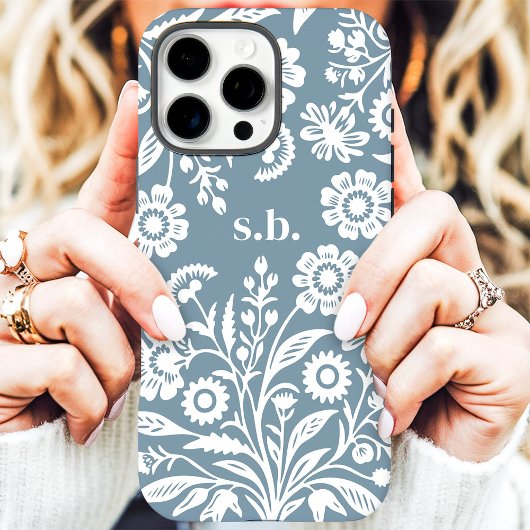 Retro Wilde Bloem Dusty Blauwe Bloem Initialen Case-Mate iPhone Case