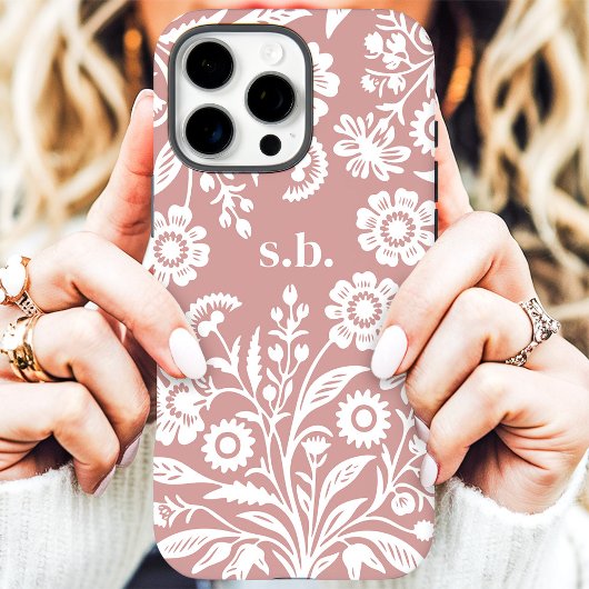Retro Wilde Bloem Dusty Roze Bloemstuk Initiaal Case-Mate iPhone Case